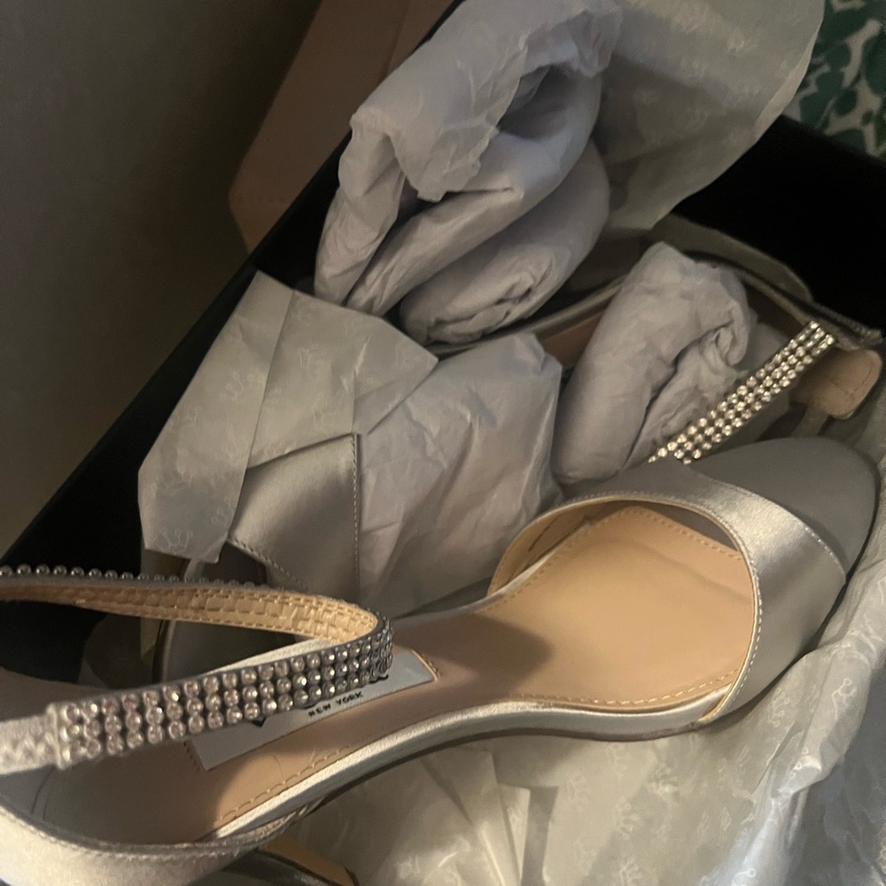 Nina Rhinestone silver satin heels